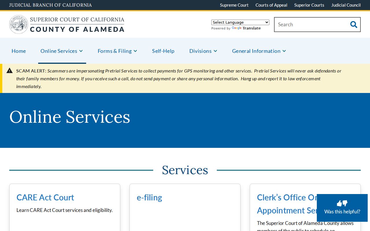 Dublin residents directory view of Alameda Superior Court online services