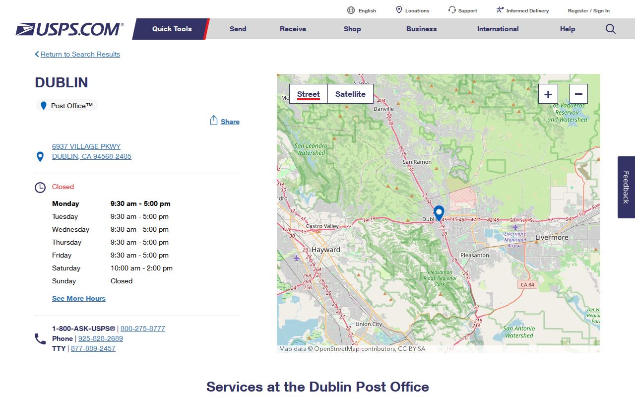 Dublin ZIP code directory post office details for 94568